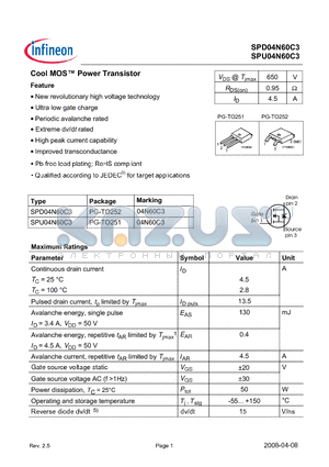 SPD04N60C3_08 datasheet - Cool MOS Power Transistor