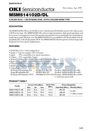 MSM514102D-60ZS datasheet - 4,194,304-Word X 1-Bit DYNAMIC RAM : STATIC COLUMN MODE TYPE