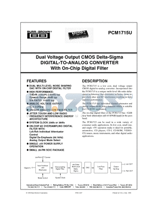 PCM1715 datasheet - Dual Voltage Output CMOS Delta-Sigma DIGITAL-TO-ANALOG CONVERTER With On-Chip Digital Filter