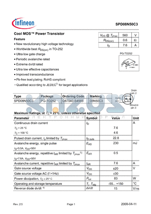 SPD08N50C3_08 datasheet - Cool MOS Power Transistor