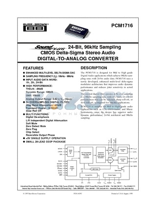 PCM1716 datasheet - 24-Bit, 96kHz Sampling CMOS Delta-Sigma Stereo Audio DIGITAL-TO-ANALOG CONVERTER