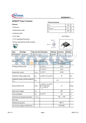 SPD08P06P datasheet - SIPMOS^ Power-Transistor Features P-Channel Enhancement mode