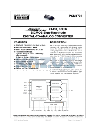 PCM1704U datasheet - 24-Bit, 96kHz BiCMOS Sign-Magnitude DIGITAL-TO-ANALOG CONVERTER