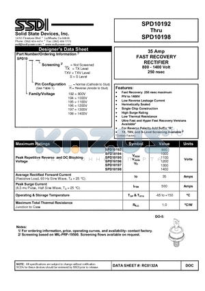 SPD10192S datasheet - 35 Amp FAST RECOVERY RECTIFIER 800 - 1400 Volt 250 nsec