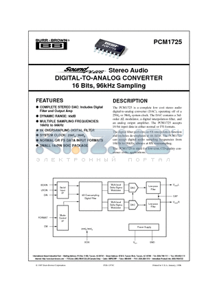 PCM1725 datasheet - Stereo Audio DIGITAL-TO-ANALOG CONVERTER 16 Bits, 96kHz Sampling