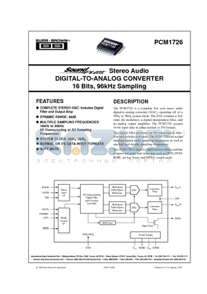 PCM1726 datasheet - Stereo Audio DIGITAL-TO-ANALOG CONVERTER 16 Bits, 96kHz Sampling