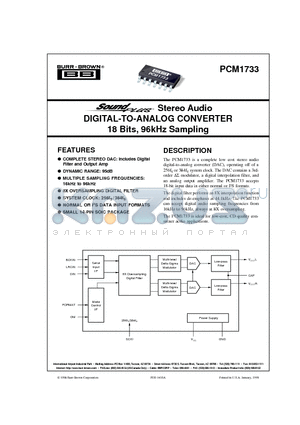 PCM1733 datasheet - Stereo Audio DIGITAL-TO-ANALOG CONVERTER 18 Bits, 96kHz Sampling