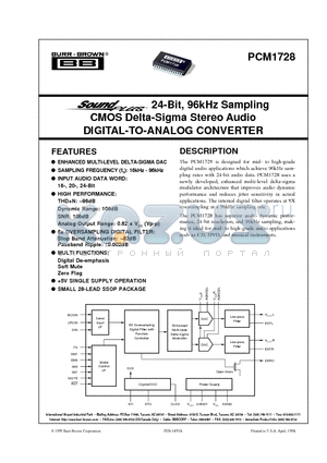 PCM1728 datasheet - 24-Bit, 96kHz Sampling CMOS Delta-Sigma Stereo Audio DIGITAL-TO-ANALOG CONVERTER