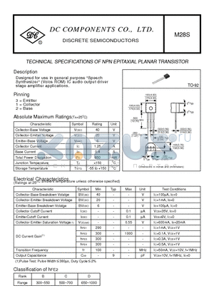 M28S datasheet - TECHNICAL SPECIFICATIONS OF NPN EPITAXIAL PLANAR TRANSISTOR