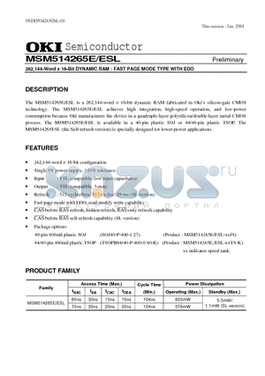 MSM514265ESL-XXJS datasheet - 262,144-Word X 16-Bit DYNAMIC RAM : FAST PAGE MODE TYPE WITH EDO