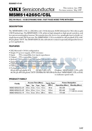 MSM514265CSL datasheet - 262,144-Word x 16-Bit DYNAMIC RAM : FAST PAGE MODE TYPE WITH EDO