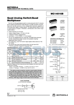 MC14016BCP datasheet - Quad Analog Switch/Quad Multiplexer