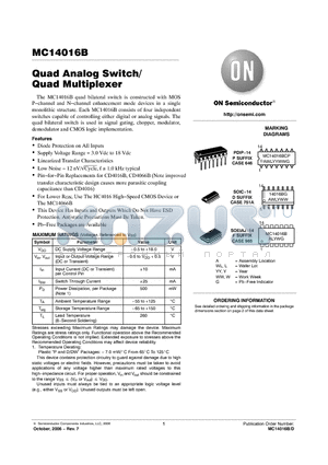 MC14016BDG datasheet - Quad Analog Switch/ Quad Multiplexer
