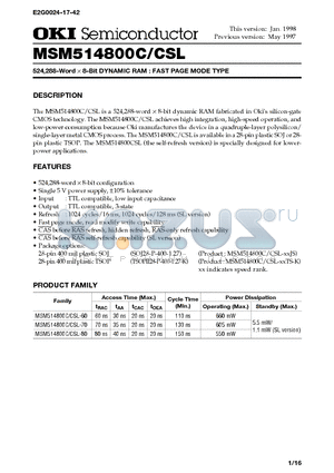 MSM514800CSL-60 datasheet - 524,288-Word x 8-Bit DYNAMIC RAM : FAST PAGE MODE TYPE