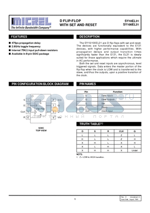 SY100EL31ZC datasheet - D FLIP-FLOP WITH SET AND RESET