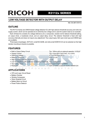 R3112D111A datasheet - LOW VOLTAGE DETECTOR WITH OUTPUT DELAY