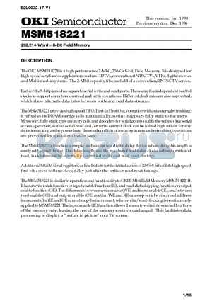 MSM518221 datasheet - 262,214-Word x 8-Bit Field Memory