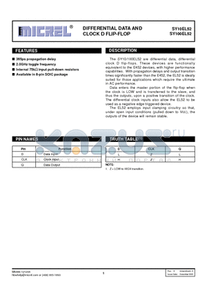 SY100EL52ZC datasheet - DIFFERENTIAL DATA AND CLOCK D FLIP-FLOP