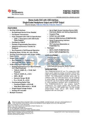 PCM2706CPJT datasheet - Stereo Audio DAC with USB Interface, Single-Ended Headphone Output and S/PDIF Output
