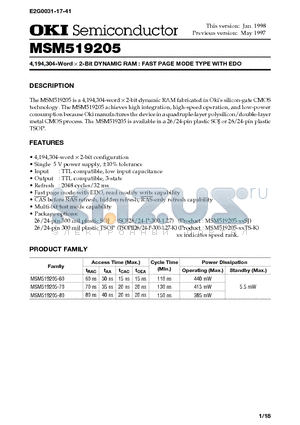 MSM519205-70TS-K datasheet - 4,194,304-Word X 2-Bit DYNAMIC RAM : FAST PAGE MODE TYPE WITH EDO