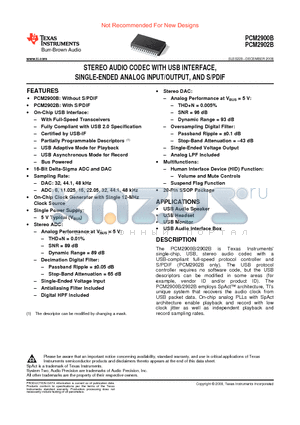 PCM2900B datasheet - STEREO AUDIO CODEC WITH USB INTERFACE, SINGLE-ENDED ANALOG INPUT/OUTPUT, AND S/PDIF
