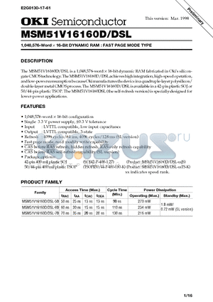 MSM51V16160D datasheet - 1,048,576-Word x 16-Bit DYNAMIC RAM : FAST PAGE MODE TYPE