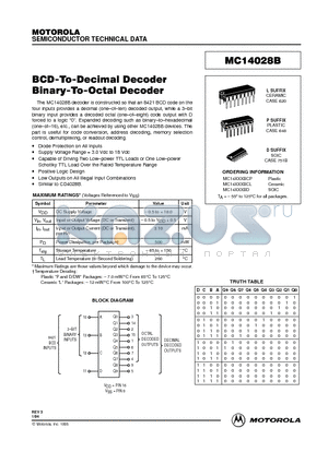 MC14028BCP datasheet - BCD-To-Decimal Decoder Binary-To-Octal Decoder