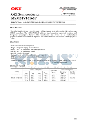 MSM51V16165F datasheet - 1,048,576-Word  16-Bit DYNAMIC RAM : FAST PAGE MODE TYPE WITH EDO