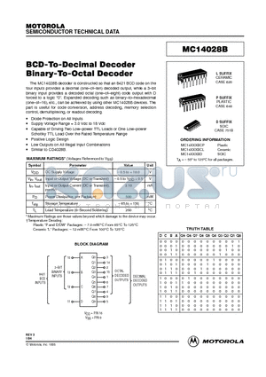 MC14028BD datasheet - BCD-To-Decimal Decoder Binary-To-Octal Decoder