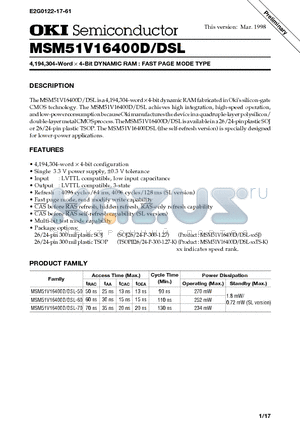 MSM51V16400D-60TS-K datasheet - 4,194,304-Word x 4-Bit DYNAMIC RAM : FAST PAGE MODE TYPE