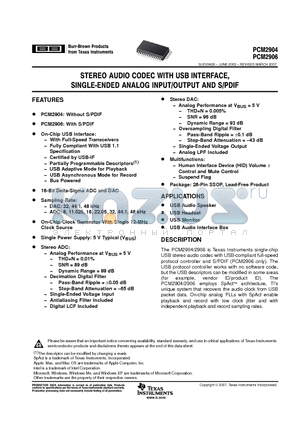 PCM2904DB datasheet - STEREO AUDIO CODEC WITH USB INTERFACE SINGLE ENEDE ANALOG INPUT/OUTPUT AND S/PDIF