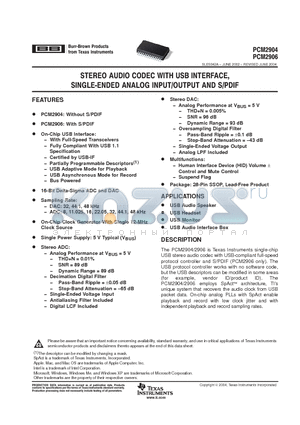 PCM2906 datasheet - STEREO AUDIO CODEC WITH USB INTERFACE SINGLE ENEDE ANALOG INPUT/OUTPUT AND S/PDIF