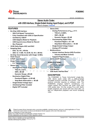 PCM2906CDBR datasheet - Stereo Audio Codec with USB Interface, Single-Ended Analog Input/Output, and S/PDIF