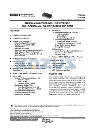 PCM2906DB datasheet - STEREO AUDIO CODEC WITH USB INTERFACE SINGLE ENEDE ANALOG INPUT/OUTPUT AND S/PDIF