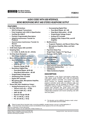 PCM2912 datasheet - AUDIO CODEC WITH USB INTERFACE, MONO MICROPHONE INPUT AND STEREO HEADPHONE OUTPUT