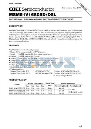 MSM51V16805D datasheet - 2,097,152-Word X 8-Bit DYNAMIC RAM : FAST PAGE MODE TYPE WITH EDO