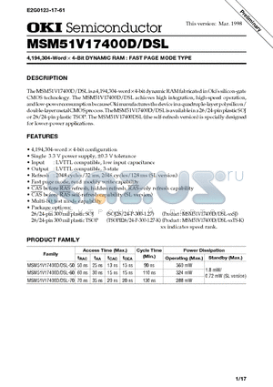 MSM51V17400DSL datasheet - 4,194,304-Word x 4-Bit DYNAMIC RAM : FAST PAGE MODE TYPE