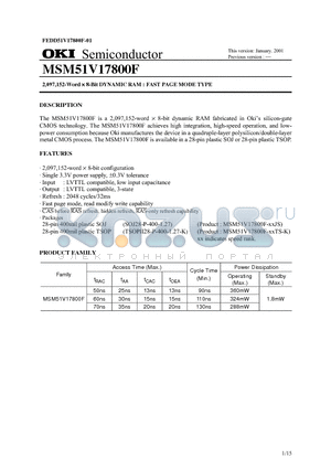 MSM51V17800F-60JS datasheet - 2,097,152-Word  8-Bit DYNAMIC RAM : FAST PAGE MODE TYPE