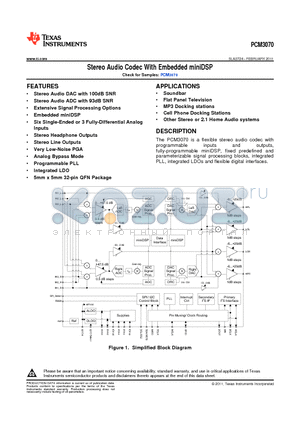 PCM3070 datasheet - Stereo Audio Codec With Embedded miniDSP