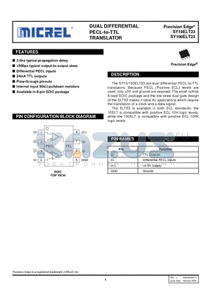 SY100ELT23ZGTR datasheet - DUAL DIFFERENTIAL PECL-to-TTL TRANSLATOR