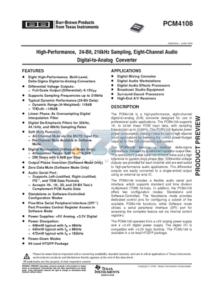 PCM4108 datasheet - HIGH-PERFORMANCE, 24-BIT, 216kHz SAMPLING, EIGHT-CHANNEL AUDIO DIGITAL-TO-ANALOG CONVERTER