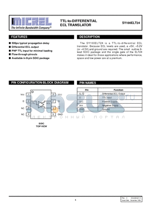 SY100ELT24ZC datasheet - TTL-to-DIFFERENTIAL ECL TRANSLATOR