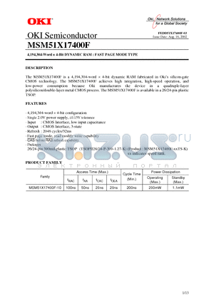 MSM51X17400F-10TS-K datasheet - 4,194,304-Word  4-Bit DYNAMIC RAM : FAST PAGE MODE TYPE