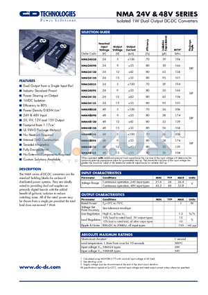 NMA2409S datasheet - Isolated 1W Dual Output DC-DC Converters