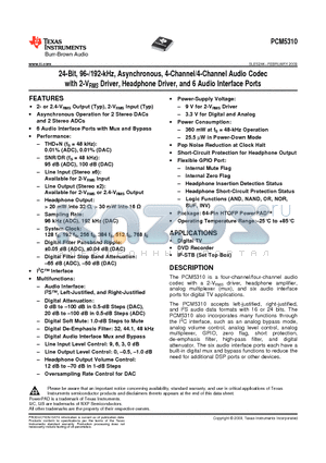 PCM5310 datasheet - 24-Bit, 96-/192-kHz, Asynchronous, 4-Channel/4-Channel Audio Codec with 2-VRMS Driver, Headphone Driver, and 6 Audio Interface Ports