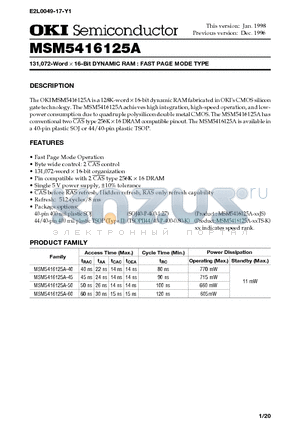 MSM5416125A-45JS datasheet - 131,072-Word X 16-Bit DYNAMIC RAM : FAST PAGE MODE TYPE