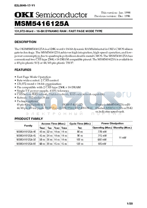 MSM5416125A-50TS-K datasheet - 131,072-Word X 16-Bit DYNAMIC RAM : FAST PAGE MODE TYPE