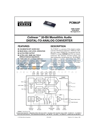 PCM63P-K datasheet - Colinear 20-Bit Monolithic Audio DIGITAL-TO-ANALOG CONVERTER