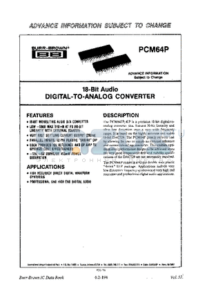 PCM64P datasheet - 18 BIT AUDIO DIGITAL TO ANALOG CONVERTER