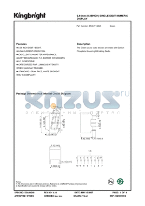 SA36-11GWA datasheet - 9.14mm (0.36INCH) SINGLE DIGIT NUMERIC DISPLAY